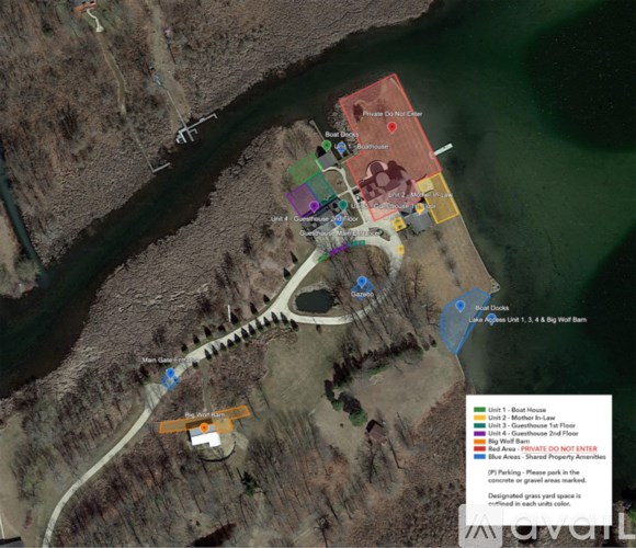 A map shows a layout of a property with designated areas for a barn, garage, and other structures.
