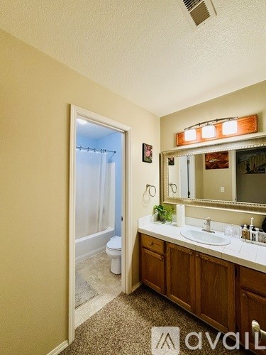 A bathroom with a sink, mirror, toilet, and a shower with a glass door.