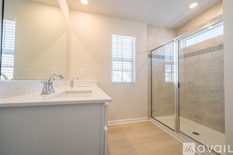 A bathroom with a white sink and a walk-in shower.