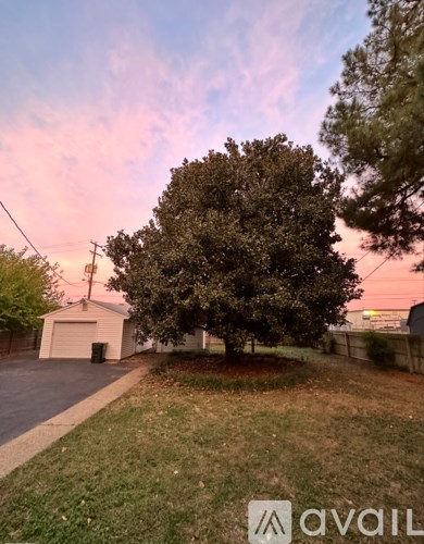 A tree in a yard with a house in the background.