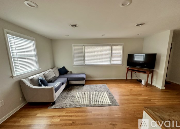 A living room with a grey couch and a television.
