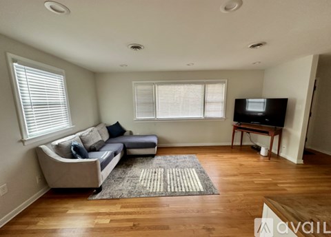 A living room with a grey couch and a television.