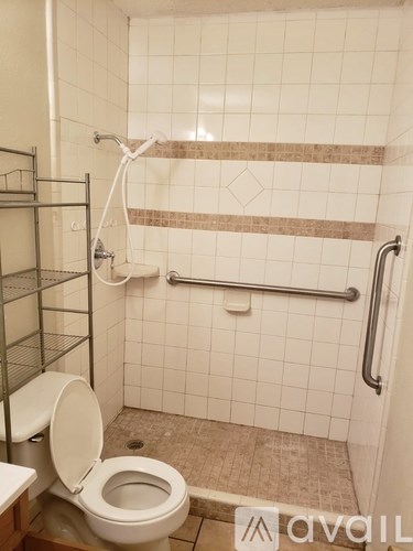 A white toilet with a white shower head and a white shower curtain.