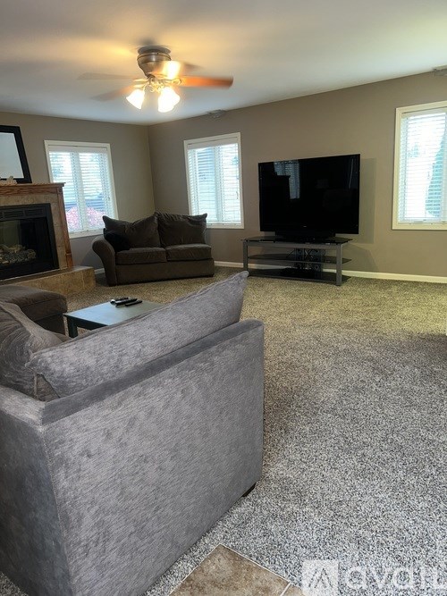 A living room with a grey couch and a television.