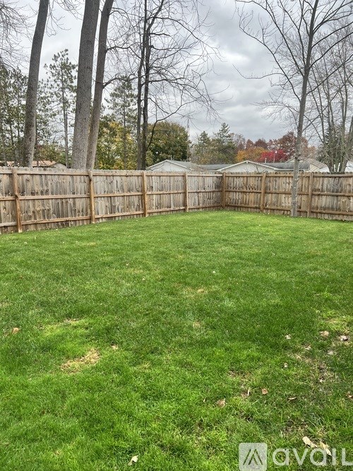 A backyard with a wooden fence and a green lawn.