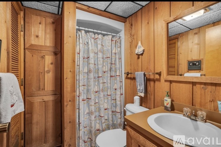 A bathroom with wooden walls and a patterned shower curtain.