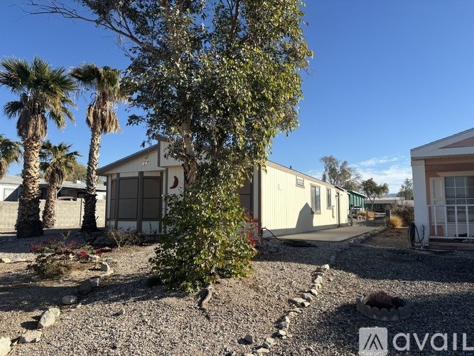 A gravel area with a tree, a palm tree and a building with a sign that says "AVAILABLE".