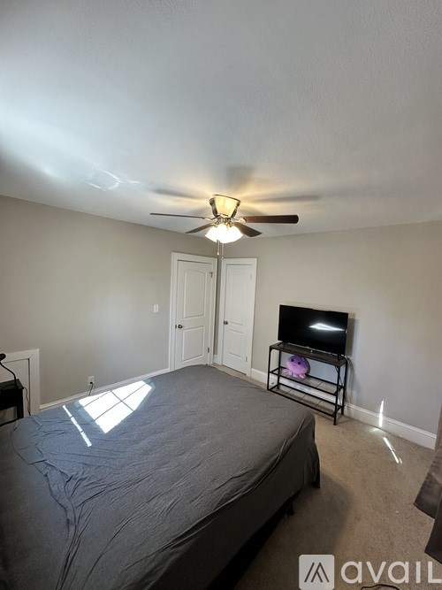 A bedroom with a bed, a ceiling fan, and a television on a stand.