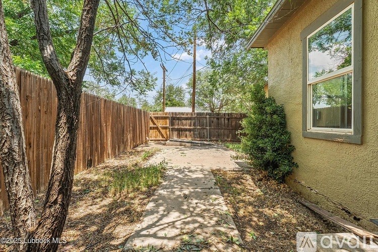 A backyard with a wooden fence and a small tree.