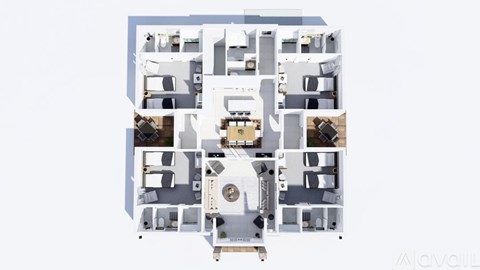 A floor plan of an apartment complex with multiple rooms and layouts.