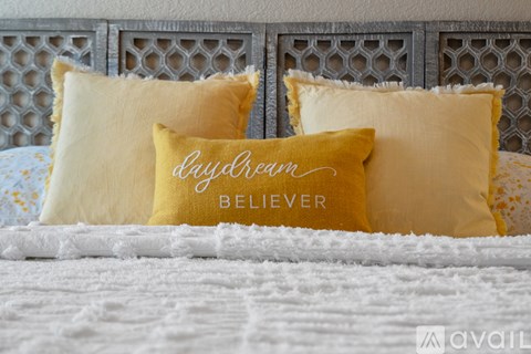 Two yellow pillows with the words "daydream believer" written on them.