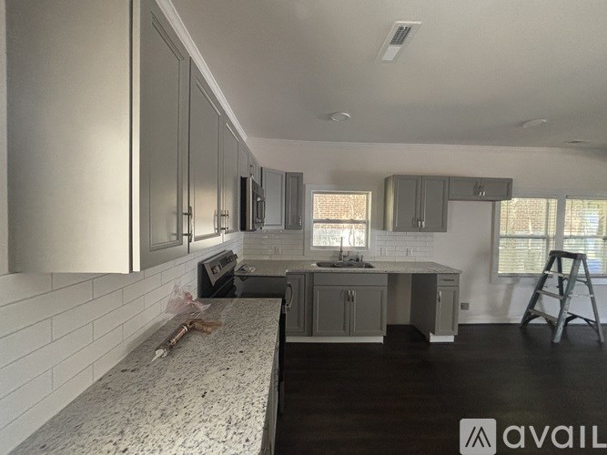 A kitchen with a countertop and cabinets is available for rent.