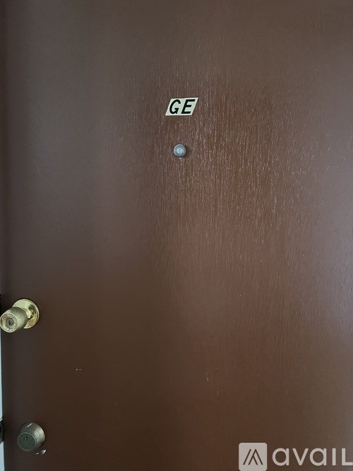 A brown door with a blue screw and a gold doorknob.