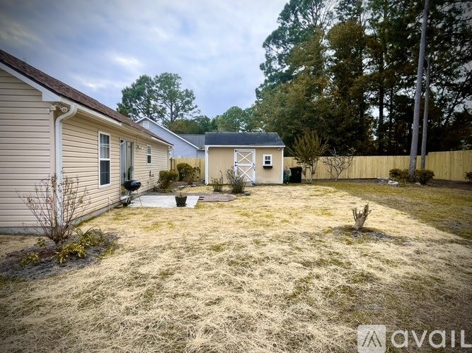 A backyard with a fence and a small shed.