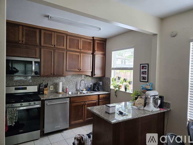 A kitchen with brown cabinets and a dog on the floor.