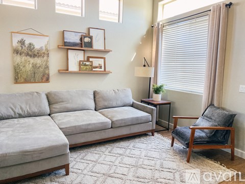 A living room with a grey couch, a small table with a plant, and a chair.
