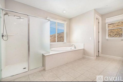 A bathroom with a large tub and a walk-in shower.
