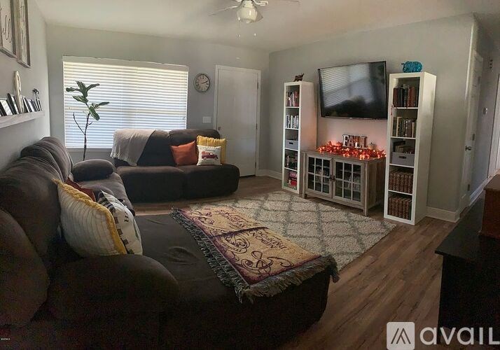A living room with a dark brown couch and a rug.
