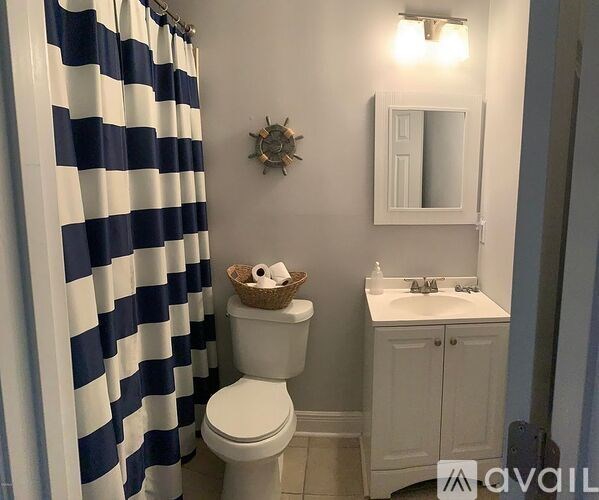A bathroom with a toilet, sink, and shower curtain.