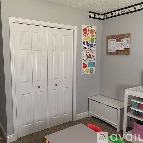 A white closet with a poster of shapes and colors on the wall.
