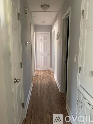 A long hallway with white doors and wood floors.