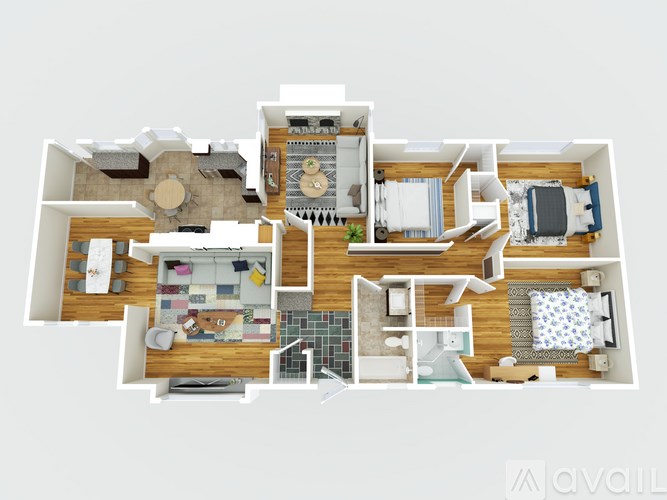 A floor plan of a house with a kitchen, living room, and two bedrooms.