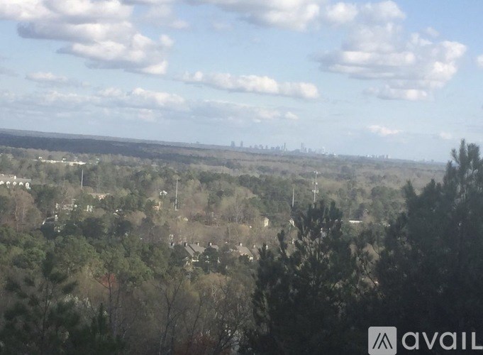 A view of a town from a high vantage point with trees in the foreground.