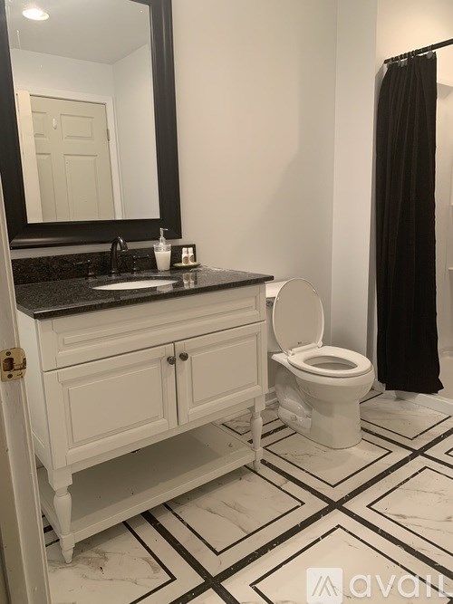 A bathroom with a white toilet and a sink with a black counter top.