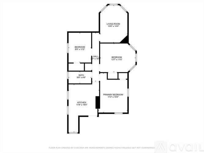 A floor plan for a home with a living room, three bedrooms, a bathroom, a kitchen, and a hallway.