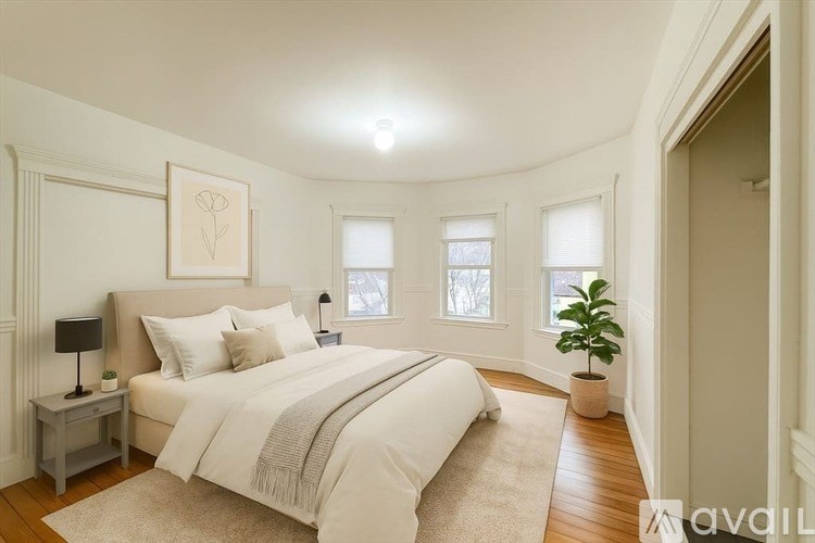 A bedroom with a large bed, a nightstand with a lamp, a potted plant, and a framed picture on the wall.