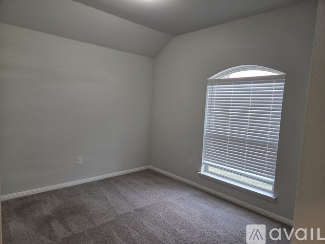 A carpeted room with a window covered in blinds.