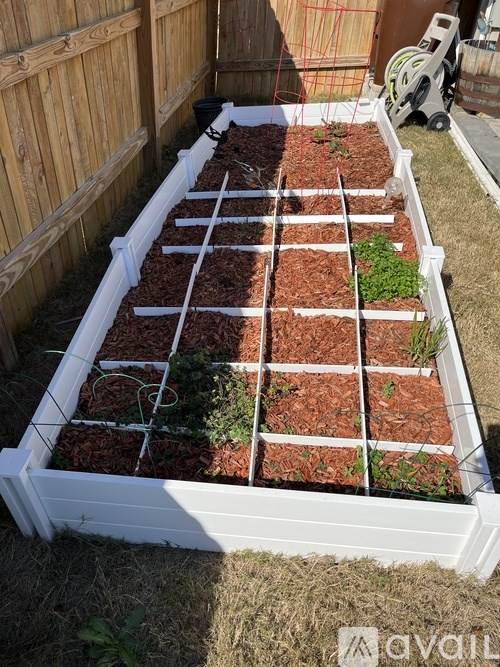 A white raised garden bed with multiple rows of plants.