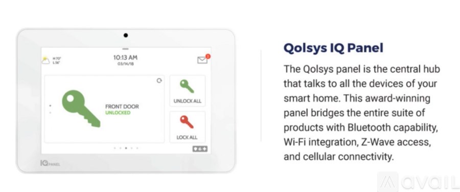 A tablet displaying a Qolsys IQ Panel interface with a green icon indicating the front door is unlocked.