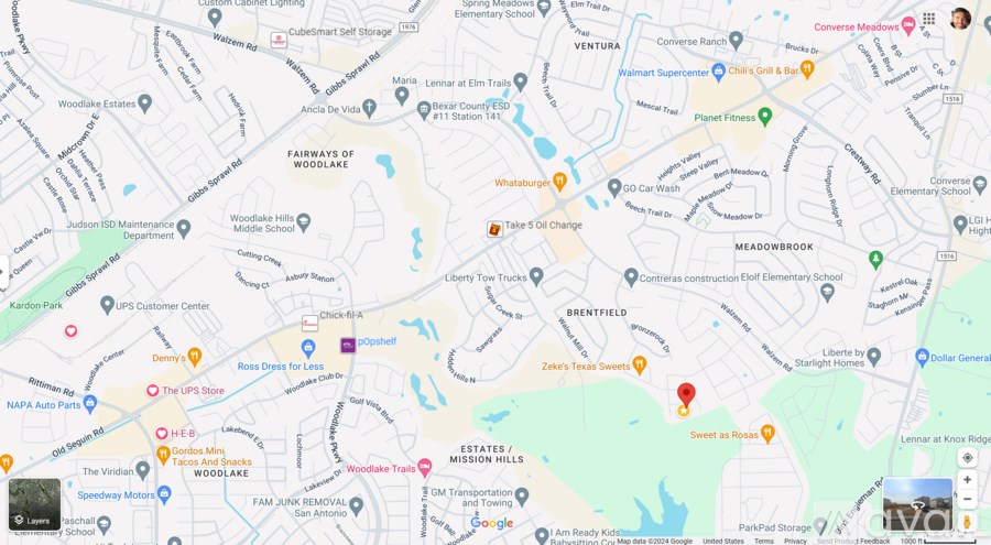 A map with various locations marked, such as "Woodlake HI" and "Brentfield".