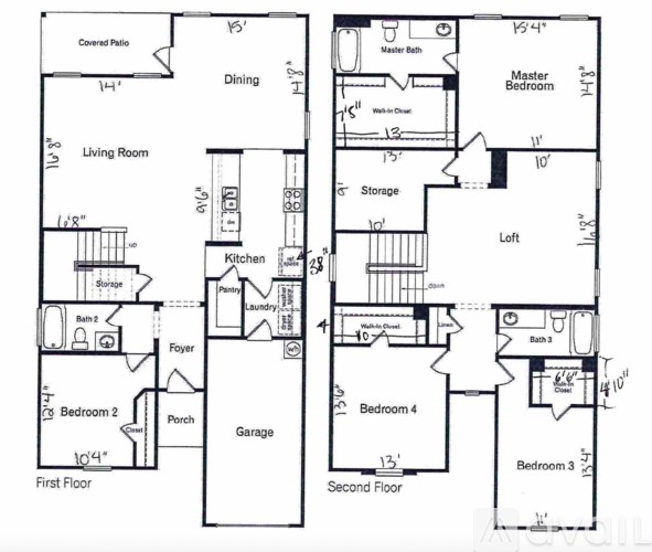 A floor plan of a two-story house with labeled rooms and dimensions.