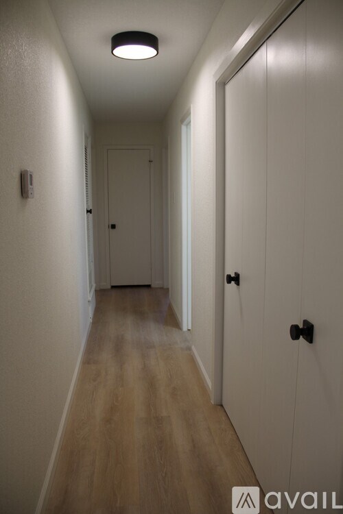 A long hallway with doors on both sides.
