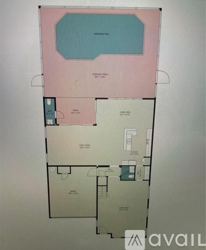 A floor plan of an apartment with a kitchen, living room, and two bedrooms.