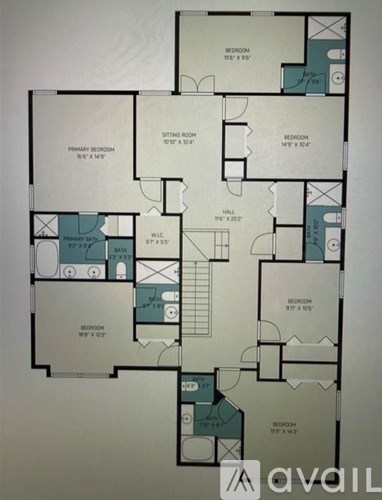 A floor plan of an apartment complex with multiple bedrooms and living areas.