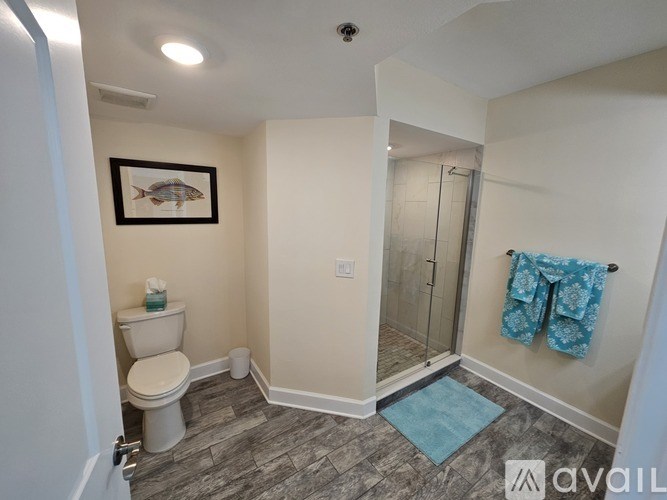 A bathroom with a toilet, a shower, and a picture on the wall.