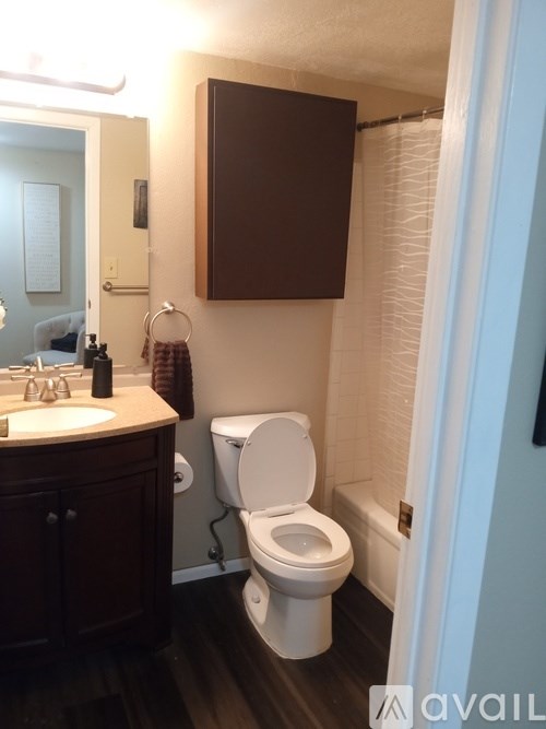 A white toilet is in a bathroom with a brown cabinet.