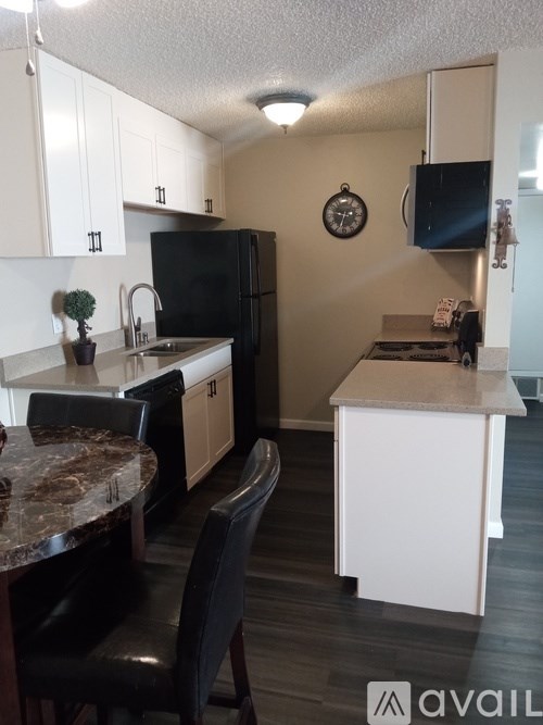 A kitchen with a black refrigerator and a marble countertop.