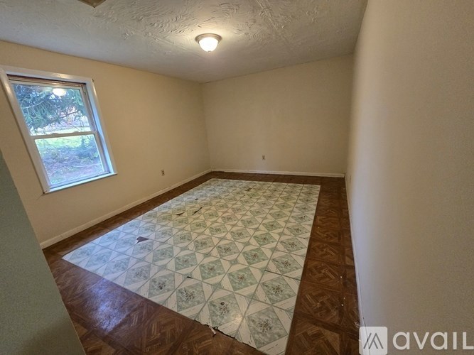 A room with a window and a rug on the floor.