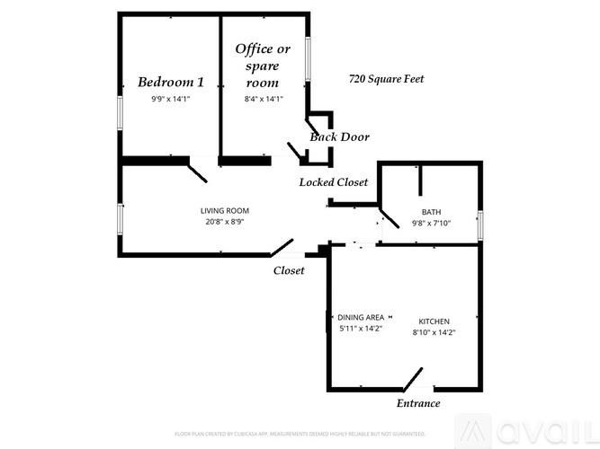 A floor plan of an apartment with a living room, dining area, kitchen, and two bedrooms.