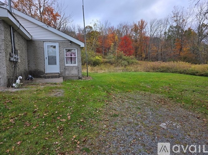 A small house with a grey roof and a white door is surrounded by a grassy area with fallen leaves.