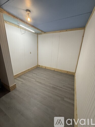 A room with a light on the ceiling and a wooden floor.