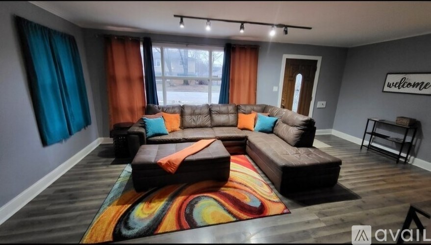 A living room with a brown couch and a colorful rug.