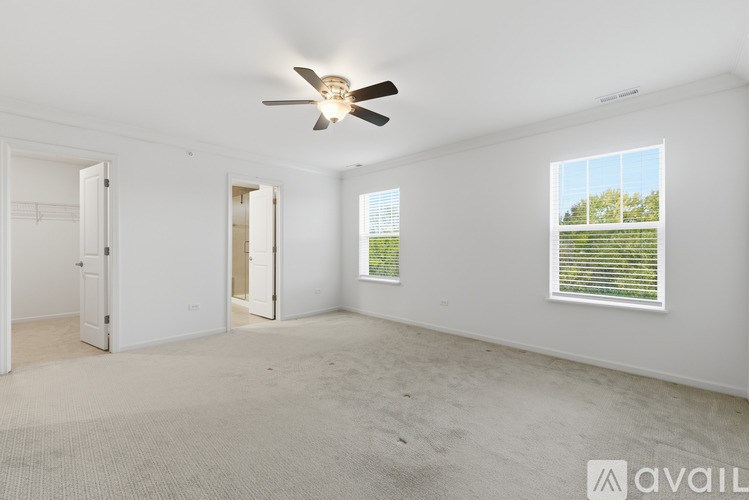 A room with a ceiling fan and a window showing a green landscape.