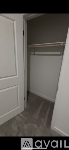 A white door is open to a small closet with a shelf.