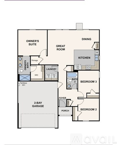 A floor plan of an apartment with a garage and two bedrooms.