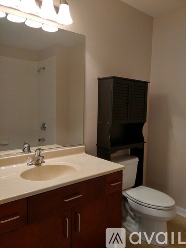 A bathroom with a sink, toilet and cabinet.